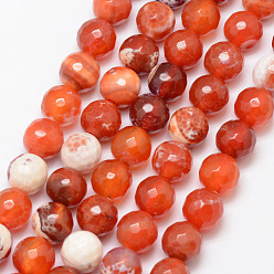 Coral Natural Fire Crackle Agate Bead Strands, Round, Grade A, Faceted, Dyed & Heated, Coral, 10mm, Hole: 1mm, about 37pcs/strand, 15 inch