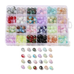 Couleur Mélangete 288 pcs 24 couleurs perles de verre craquelées transparentes, ronde, couleur mixte, 10~10.8x9~9.5mm, Trou: 1.6~2mm, 12 pcs / couleur