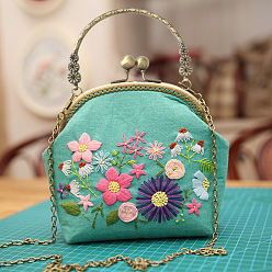 Turquoise DIY Kiss Lock Coin Purse Embroidery Kit, Including Embroidered Fabric, Embroidery Needles & Thread, Metal Purse Handle, Flower Pattern, Turquoise, 210x165x40mm