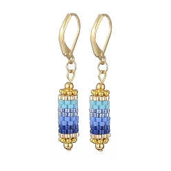 Bleu Bleuet Boucles d'oreilles pendantes à levier en forme de colonne tressée en graines de verre, or 304 bijoux en acier inoxydable pour femmes, bleuet, 42.5mm, pin: 1x0.6 mm