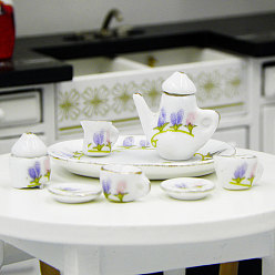 Flower Mini Ceramic Tea Sets, including Cup, Teapot, Saucer, Sugar Bowl, Cream Pitcher, Miniature Ornaments, Micro Landscape Garden Dollhouse Accessories, Pretending Prop Decorations, Flower Pattern, 8pcs/set