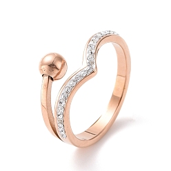 Oro Rosa Ola de diamantes de imitación de cristal con anillo de dedo de bola redonda, chapado de iones (ip) 304 joyas de acero inoxidable para mujer, oro rosa, tamaño de EE. UU. 7 1/4 (17.5 mm)