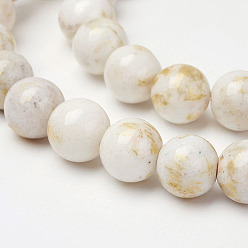 Blanc Floral Brins de perles de jade mashan naturelles , avec de la poudre d'or, teint, ronde, floral blanc, 6mm, Trou: 1mm, Environ 62 pcs/chapelet, 16 pouce