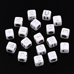 Letter Plating Acrylic Beads, Silver Metal Enlaced, Mixed Letters, Cube, Letter A~Z, 5.5~6x5.5~6x5.5~6mm, Hole: 3.5mm, about 3000pcs/500g
