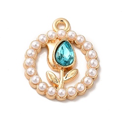 Dark Turquoise Rack Plating Alloy Glass Pandants, Nickel Free, with ABS Plastic Imitation Pearl, Flat Round with Flower Charms, Golden, Dark Turquoise, 20.5x17.5x4mm, Hole: 2mm