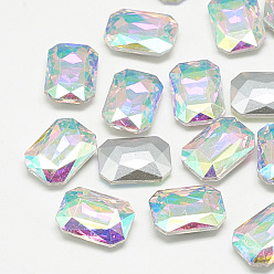 Crystal AB Pointed Back Glass Rhinestone Cabochons, Faceted, Rectangle Octagon, Crystal AB, 8x6x3mm
