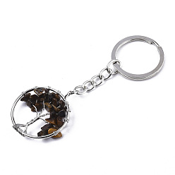 Tiger Eye Natural Tiger Eye Chips Chakra Keychain, with Platinum Plated Stainless Steel Split Key Rings, Flat Round with Tree, 90mm