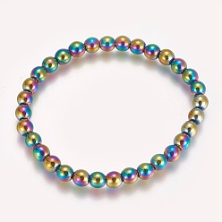 Plaqué Multicolore Bracelet extensible perlé en hématite synthétique non magnétique électroplaqué, ronde, multi-couleur plaquée, 2-1/8 pouce (5.4 cm), perle: 6 mm