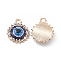 Light Gold Alloy Crystal Rhinestone Pendants, with Resin Evil Eye, Flat Round Charms, Light Gold, 19x16x4.5mm, Hole: 2.5x2mm