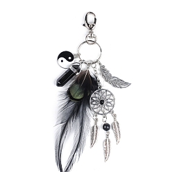 Black Bohemian Woven Net/Web with Feather Alloy Pendant Decorations with Black Agate Bullet Charm and Yin Yang Charms, for Keychain, Purse, Backpack Ornament, Black, 100mm
