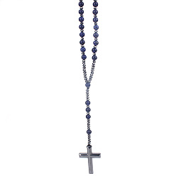 Lapis Lazuli Collier de perles chapelet en lapis-lazuli naturel, collier pendentif croix en hématite synthétique, 27.56 pouce (70 cm)