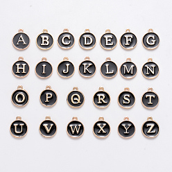 Черный Буквица a ~ z алфавит эмалевые брелоки, плоские круглые диски двусторонние брелоки, позолоченные эмалированные подвески из сплава с пайетками, чёрные, 14x12x2 мм, отверстие : 1.5 мм, 26 шт / комплект