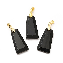 Obsidienne Pendentifs en obsidienne naturelles, charmes trapézoïdaux à facettes, avec placage à crémaillère en laiton doré, sans cadmium et sans plomb, 25~26x12.5~13x3.5~4mm, Trou: 5x4mm