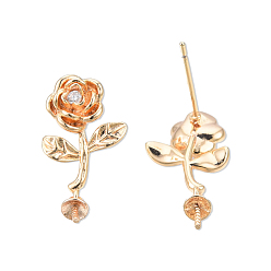 Real 18K Gold Plated Brass Stud Earring Findings, for Half Drilled Beads, with Clear Cubic Zirconia, Cadmium Free & Nickel Free & Lead Free, Flower, Real 18K Gold Plated, 22mm, Pin: 0.7mm and 1mm(for half drilled bead)