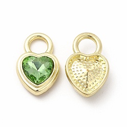 Verde Lima Aleación de chapado en rack con colgantes de vidrio, la luz de oro, encantos del corazón, sin cadmio y níque y plomo, verde lima, 18.5x12x5.5 mm, agujero: 4.5 mm