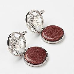 Goldstone Synthetic Goldstone Pendants, with Brass Diffuser Locket Findings, Flat Round with Snowflake, 31x26x8mm, Hole: 4mm