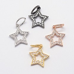 Mixed Color CZ Brass Micro Pave Cubic Zirconia Five-Pointed Star Charms, Mixed Color, 15x14x2mm, Hole: 4mm, Ring: 5.5x1.2mm