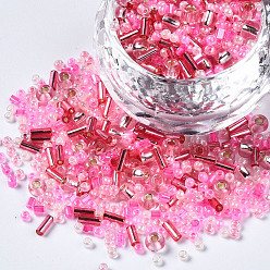Hot Pink Glass Seed Beads, Mixed Style, Mixed Shapes, Hot Pink, 1~7x2~4mm, Hole: 0.7~1mm, about 450g/pound