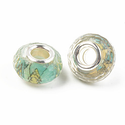 Pale Turquoise Resin European Beads, Large Hole Beads, with Silver Color Plated Brass Cores, Faceted, Rondelle, Pale Turquoise, 14x9mm, Hole: 5mm