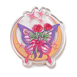 Pourpre Moyen Pendentif en acrylique, papillon avec breloque fleur, support violet, 36.5x32.5x2mm, Trou: 1.8mm