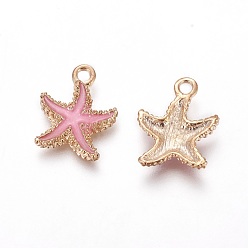 Hot Pink Alloy Enamel Pendants, Starfish/Sea Stars, Light Gold, Hot Pink, 18x14.5x3mm, Hole: 1.4mm