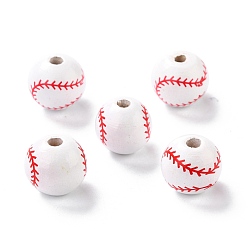 Baseball Natural Wood Beads, Dyed, Round, Red, Baseball, 15.5x14.5mm, Hole: 3.2mm