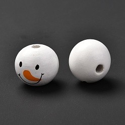 White Printed Wood European Beads, Large Hole Beads, Christmas Theme, Round with Snowman Head Pattern, White, 19.5x18mm, Hole: 4mm