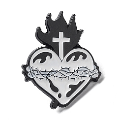 Corazón Alfileres de esmalte religioso, Broche de aleación negra para ropa mochila., cruz y corona de thwns, sagrado Corazón, 31x25x1.5 mm
