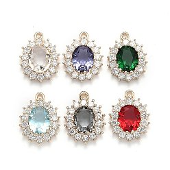 Mixed Color Transparent Faceted Glass Pendants, with Clear Rhinestone and Golden Tone Brass Open Back Settings, Oval, Mixed Color, 20x15x6mm, Hole: 1.4mm