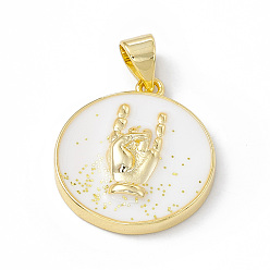 White Rack Plating Brass Enamel Pendants, with Glitter Powder, Long-Lasting Plated, Real 18K Gold Plated, Flat Round with Rock Hand Gesture Charm, White, 21.5x16.5x3.5mm, Hole: 4x3mm