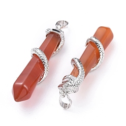 Carnelian Natural Carnelian/Red Agate Big Pointed Pendants, with Platinum Plated Brass Bails, Faceted, Bullet with Snake, 59~61.5x11~12x11~12mm, Hole: 5x8mm