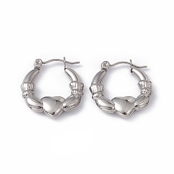 Stainless Steel Color 304 Stainless Steel Claddagh Earrings Shape Hoop Earrings for Women, Stainless Steel Color, 22x20.5x4mm, Pin: 0.7mm