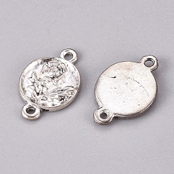 Antique Silver Tibetan Style Links/Connectors, Chandelier Components, Flat Round with Flower, Lead Free and Cadmium Free, Antique Silver, 17x11x2mm