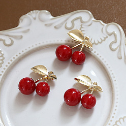 Cherry Resin Imitation Fruit Pendants, Fruit Charms with Golden Tone Brass Leaf, Cherry Pattern, 32x23mm