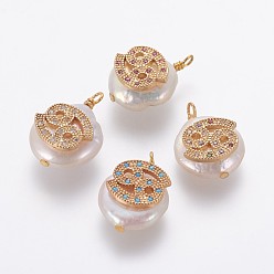 Cancer Natural Cultured Freshwater Pearl Pendants, with Brass Micro Pave Cubic Zirconia Findings, Nuggets with Constellation, Golden, Mixed Color, Cancer, 17~22x11~16x5~11mm, Hole: 1.6mm