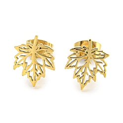 Golden Hollow Out Maple Leaf 304 Stainless Steel Stud Earrings, Golden, 12x9.7mm