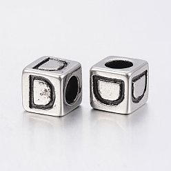Antique Silver 304 Stainless Steel Large Hole Letter European Beads, Cube with Letter.D, Antique Silver, 8x8x8mm, Hole: 5mm