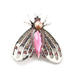 Antique Silver Colorful Rhinestone Moth Brooch with Imitation Pearl Beaded, Alloy Badge for Backpack Clothes, Antique Silver, 48x47.5x10mm, Pin: 0.6mm