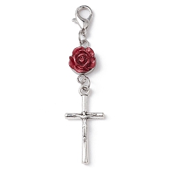 Couleur Mélangete Décorations de pendentif croix crucifix en alliage, avec rose 304 maillon en acier inoxydable et résine et fermoirs mousquetons en alliage, couleur mixte, 60.5mm