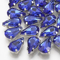 Bleu Royal Coudre sur strass, liens multi-brins, strass de verre, avec griffes en laiton, accessoires de vêtements, facette, larme, platine, bleu royal, 8x5.5x4mm, Trou: 0.8~1mm