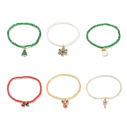 Mixed Color 6Pcs 6 Style Glass Seed Stretch Bracelets Set, Christmas Tree & Snowman & Bell & Reindeer Alloy Enamel Charm Bracelets for Women, Mixed Color, Inner Diameter: 2-1/8 inch(5.5cm), 1Pc/style