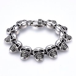 Antique Silver Retro 304 Stainless Steel Link Bracelets, with Lobster Claw Clasps, Skull, Antique Silver, 8-5/8 inch(22cm), 21x8mm