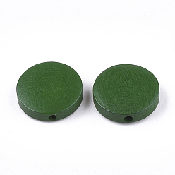 Green Painted Natural Wood Beads, Flat Round, Green, 15~15.5x4mm, Hole: 1.8mm