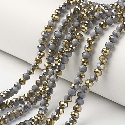 Gris Foncé Plaquer des brins de perles de verre opaques, la moitié plaqué or, facette, rondelle, gris foncé, 6x5mm, Trou: 1mm, Environ 85~88 pcs/chapelet, 16.1~16.5 pouce (41~42 cm)