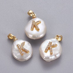Letter K Natural Cultured Freshwater Pearl Pendants, with Brass Micro Pave Cubic Zirconia Findings, Nuggets with Letter, Long-Lasting Plated, Golden, Clear, Letter.K, 17~27x12~16x6~12mm, Hole: 4x2.5mm