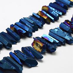 Blue Electroplated Natural Quartz Crystal Beads Strands, Nuggets, Tusk Shape, Blue Plated, Dyed, Blue, 7~15x18~60mm, Hole: 1mm, about 46pcs/strand, 16 inch
