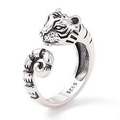 Античное Серебро Тигр 925 кольцо-манжета из стерлингового серебра для женщин, регулируемое открытое кольцо зодиака тигр подарок на китайский Новый год, античное серебро, размер США 7 1/4 (17.5 мм)