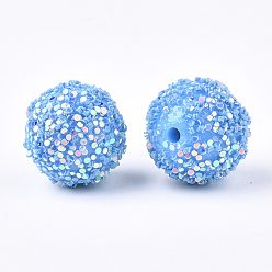 Deep Sky Blue Acrylic Beads, Glitter Beads,with Sequins/Paillette, Round, Deep Sky Blue, 19.5~20x19mm, Hole: 2.5mm