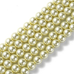 Verge D'or Pâle Brins de perles rondes en verre teinté écologique, Grade a, cordon en coton fileté, verge d'or pale, 12mm, Trou: 0.7~1.1mm, Environ 34 pcs/chapelet, 15 pouce