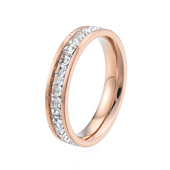 Rose Gold Crystal Rhinestone Finger Ring, 201 Stainless Steel Jewelry for Women, Rose Gold, Inner Diameter: 17mm